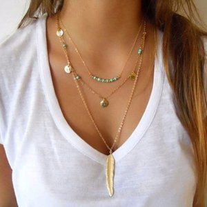 NWT 3 Layer Gold Feather Necklace